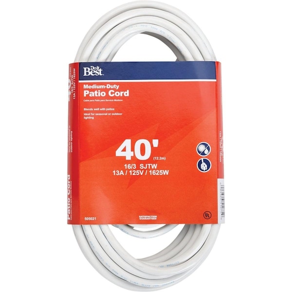All-Source SJTW Extension Cord, 16 AWG, Outdoor, 16/3, 1 Outlets, White, 40 ft OU-JTW163-40X-WH - main